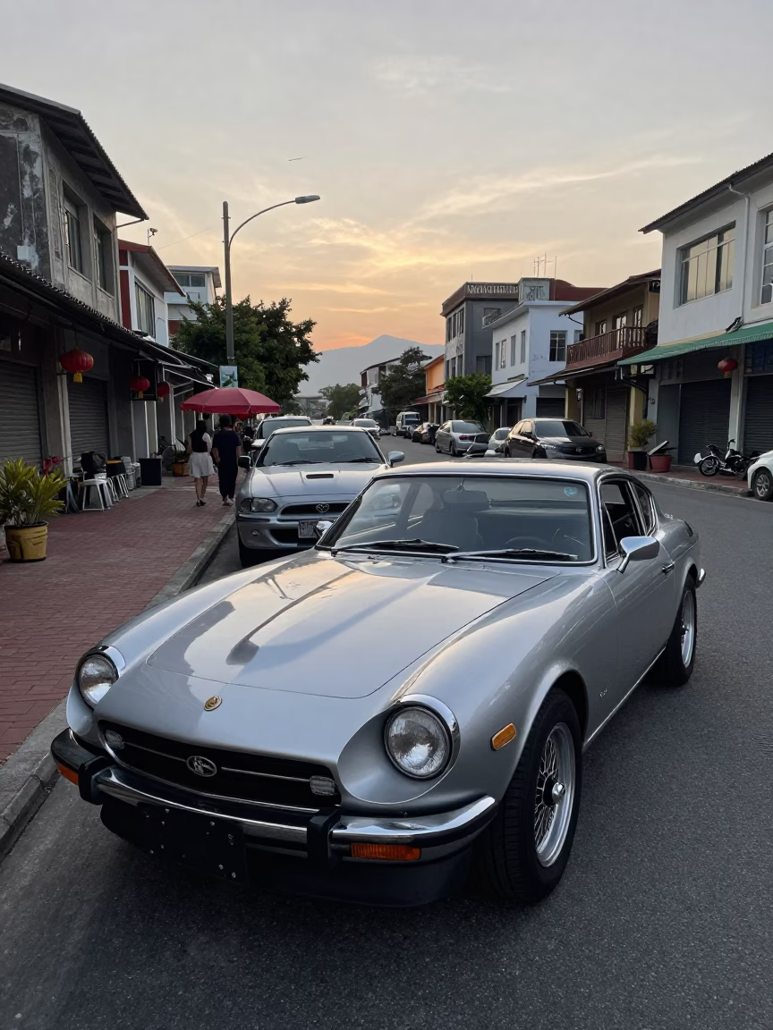 Kaohsiung Taiwan street scene with vintage car and local activity in early evening light in in Kaohsiung, Taiwan