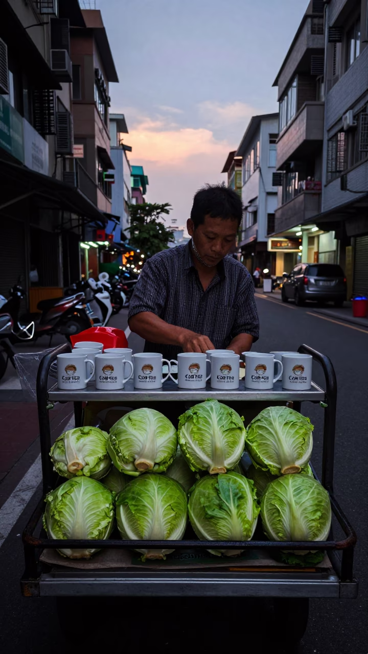 Kaohsiung Taiwan street vendor before dawn with coffee mugs and cabbages in in Kaohsiung, Taiwan