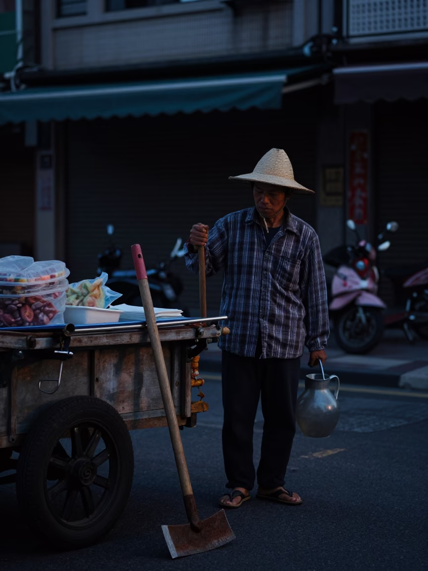 Kaohsiung Taiwan street vendor predawn darkness with hoe and pitcher in in Kaohsiung, Taiwan