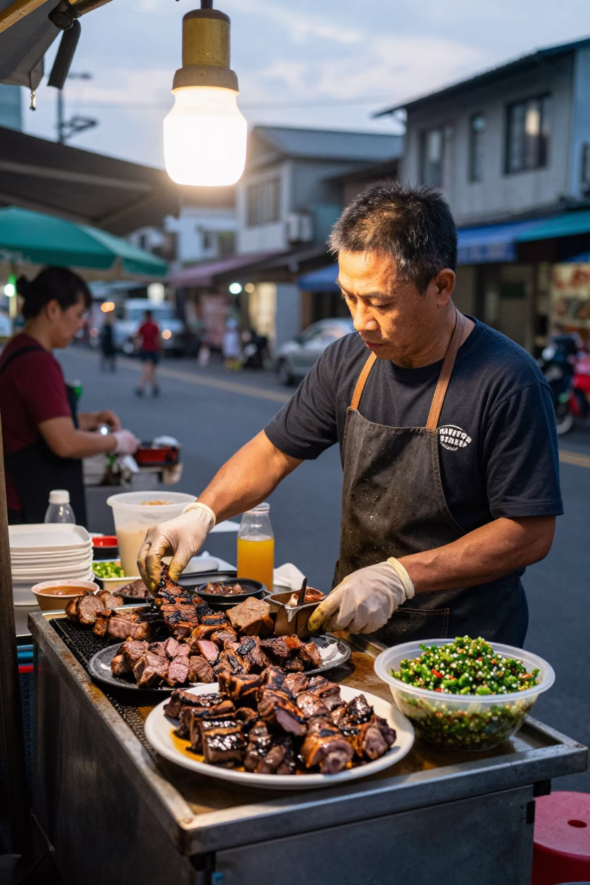 Kaohsiung Taiwan street vendor preparing churrasco with chimichurri at dawn in in Kaohsiung, Taiwan