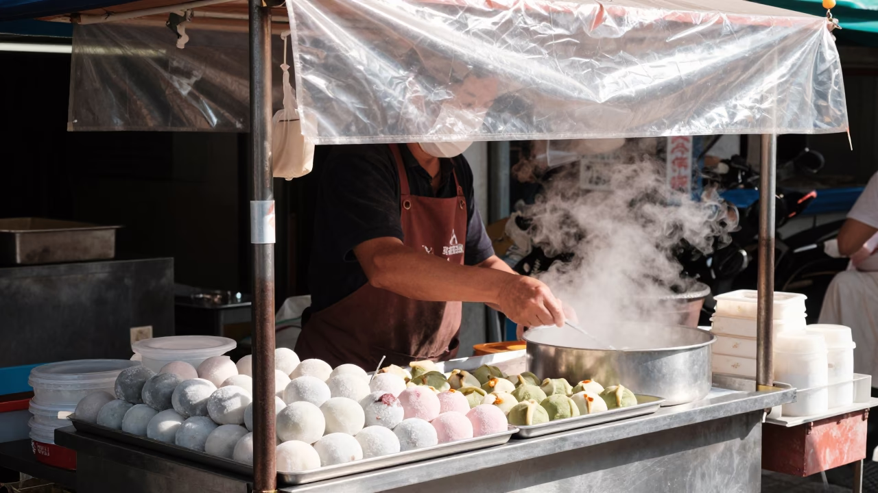 Kaohsiung Taiwan street vendor selling mochi and sambusa under bright noon glare in in Kaohsiung, Taiwan
