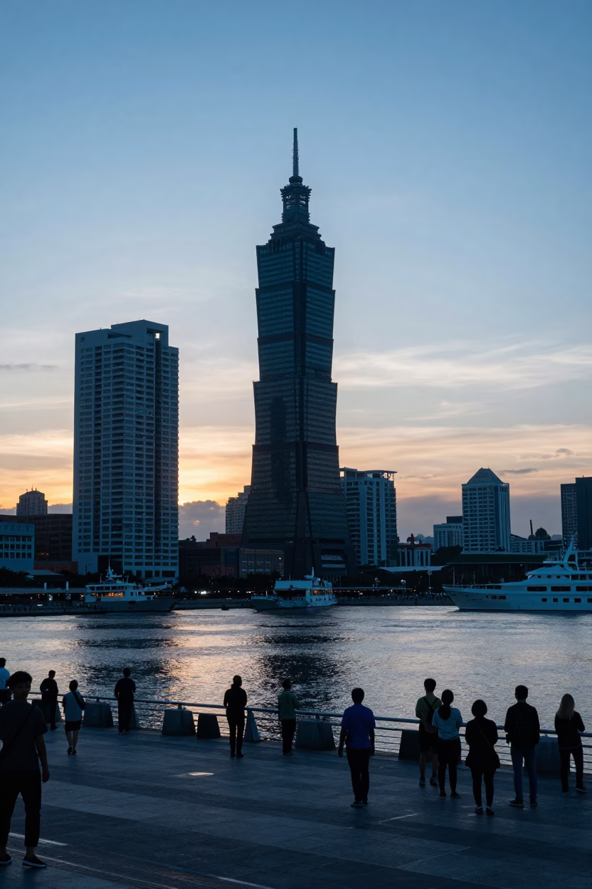 Kaohsiung Taiwan sunrise harbor view with morning commuters and urban skyline in in Kaohsiung, Taiwan