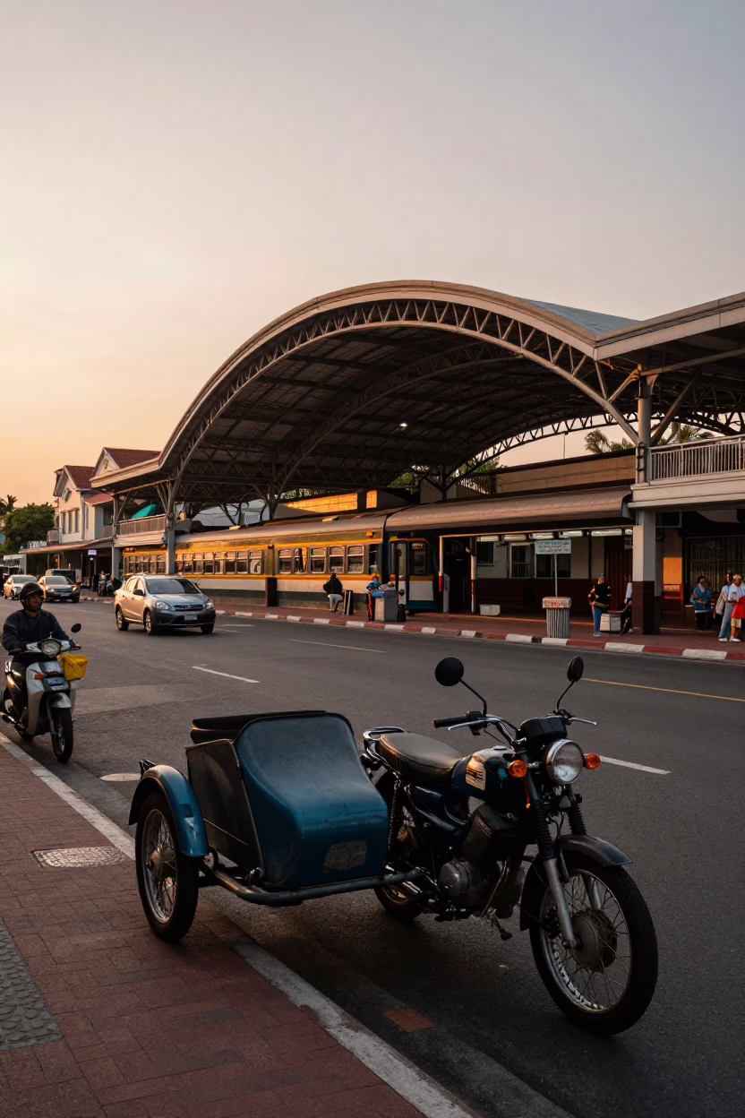 Kaohsiung Taiwan Sunset Street Scene Vintage Motorcycle Sidecar Vendor Jianbing Crepe in in Kaohsiung, Taiwan