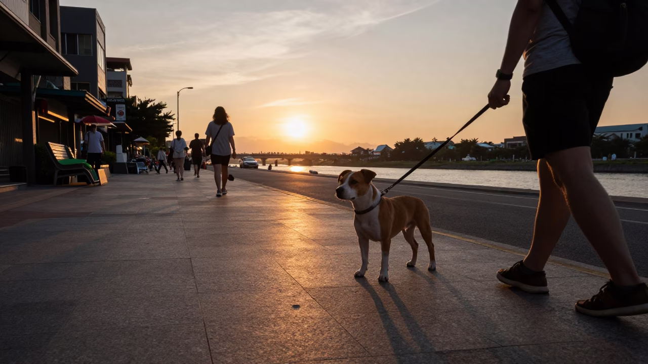 Kaohsiung Taiwan Sunset Street Scene with American Staffordshire Terrier and Vintage Urban Architecture in in Kaohsiung, Taiwan
