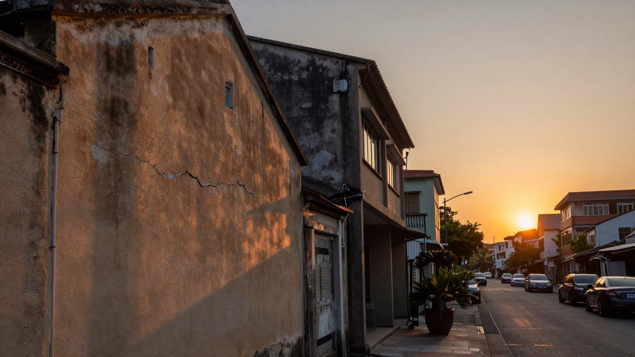 Kaohsiung Taiwan Sunset Street Scene with Cracked Stucco and Euphorbia Tree in in Kaohsiung, Taiwan