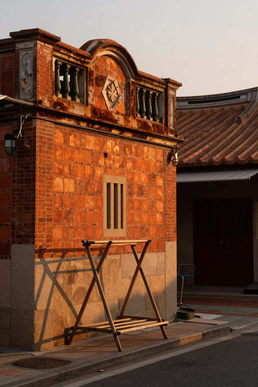 Kaohsiung Taiwan Sunset Street Scene with Drying Rack and Rusty Doorframe in in Kaohsiung, Taiwan