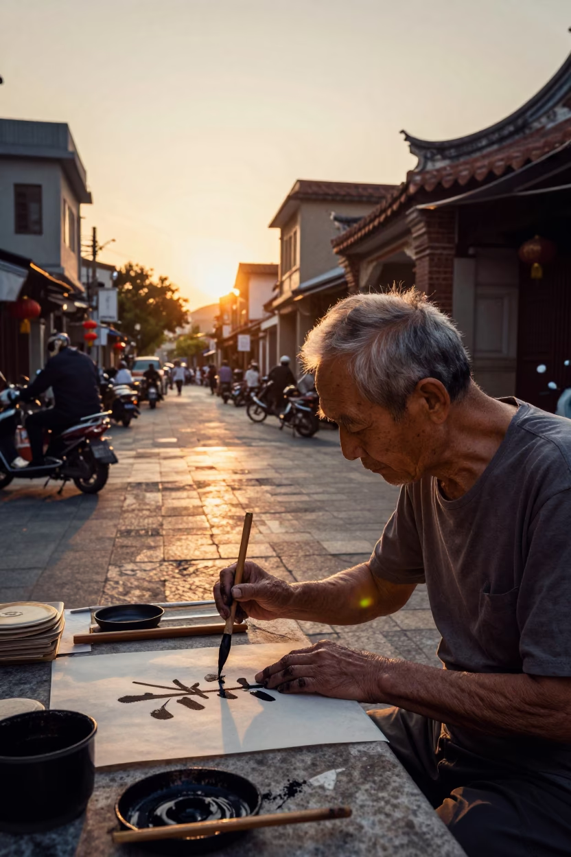 Kaohsiung Taiwan Sunset Street Scene with Elderly Calligrapher and Traditional Ink Art in in Kaohsiung, Taiwan