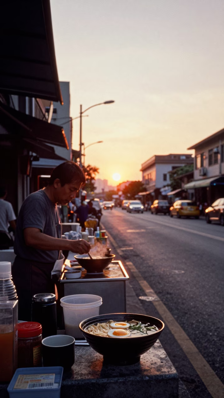Kaohsiung Taiwan Sunset Street Scene with Food Vendor and Concrete Viaduct in in Kaohsiung, Taiwan