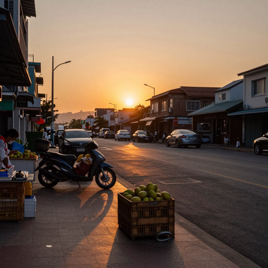 Kaohsiung Taiwan Sunset Street Scene with Fruit Crate and Motorcycle in in Kaohsiung, Taiwan