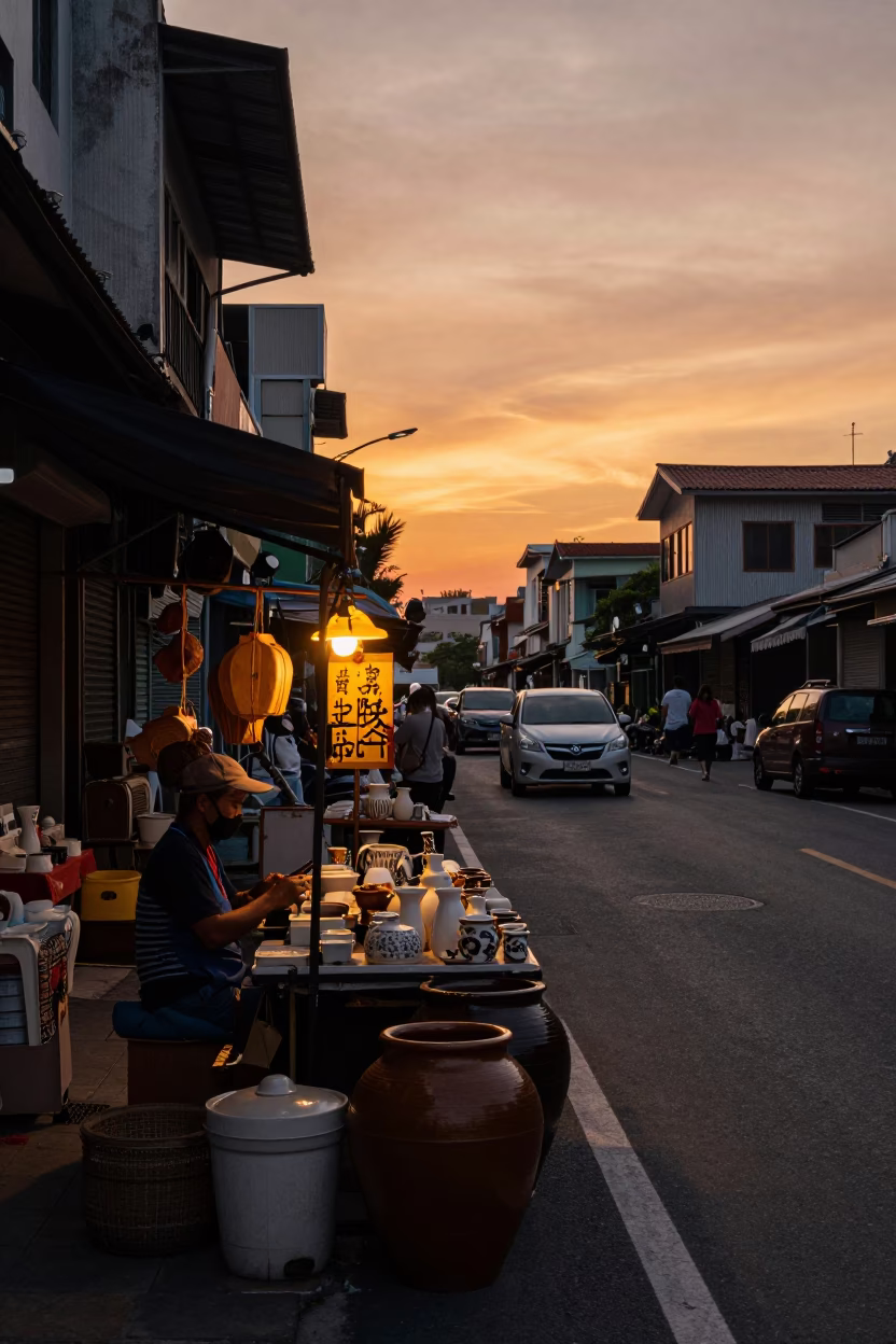 Kaohsiung Taiwan Sunset Street Scene with Local Vendor and Ceramic Pots in in Kaohsiung, Taiwan