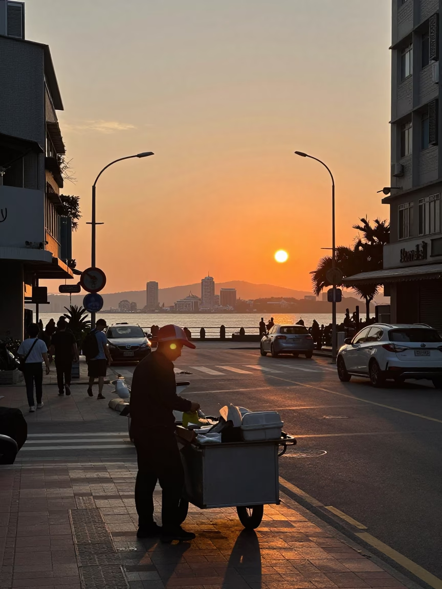 Kaohsiung Taiwan Sunset Street Scene with Local Vendor and Urban Skyline in in Kaohsiung, Taiwan