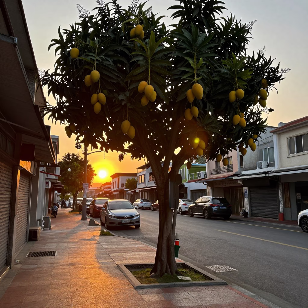 Kaohsiung Taiwan Sunset Street Scene with Mango Tree and Local Market Activity in in Kaohsiung, Taiwan