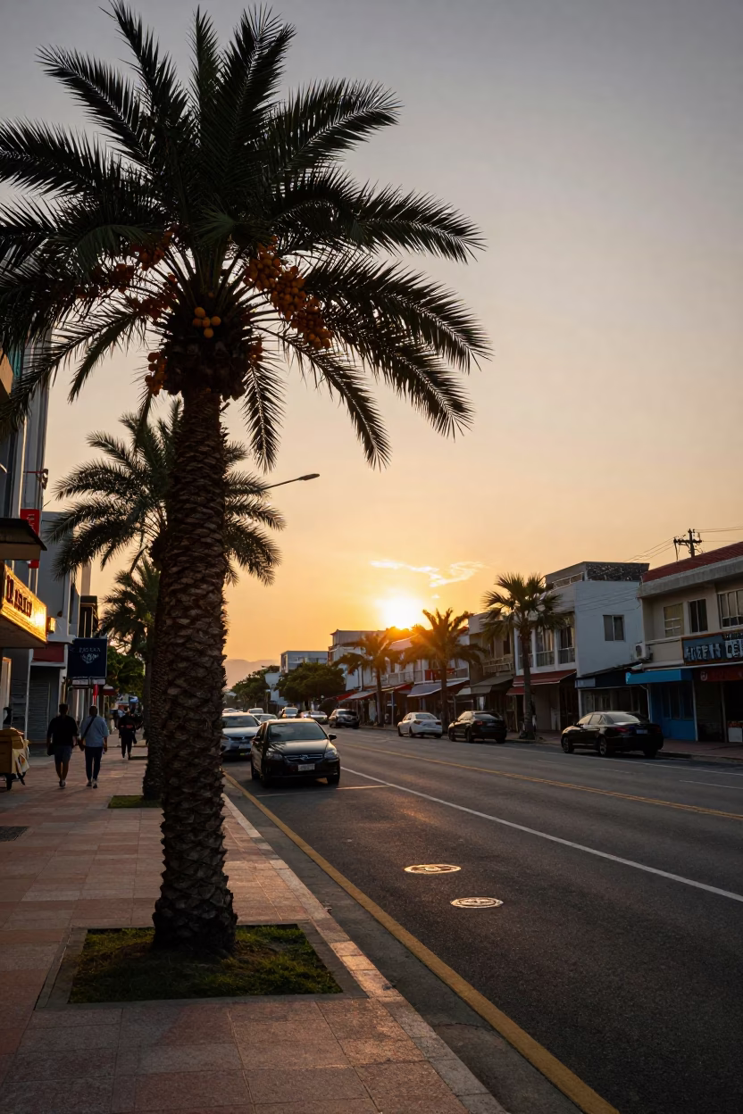 Kaohsiung Taiwan Sunset Street Scene with Palm Trees and Urban Viaduct in in Kaohsiung, Taiwan