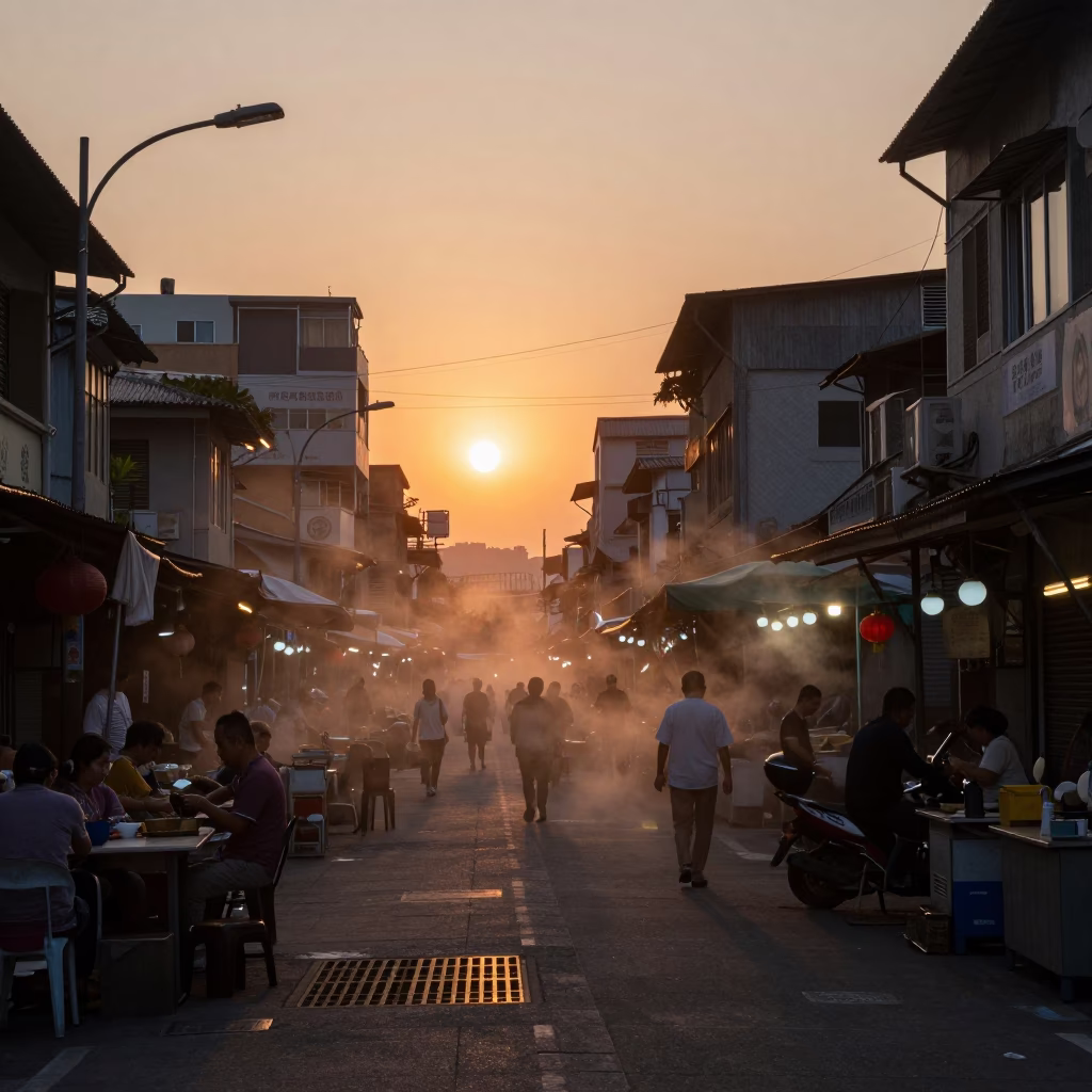 Kaohsiung Taiwan Sunset Street Scene with Steam Haze and Local Commerce in in Kaohsiung, Taiwan