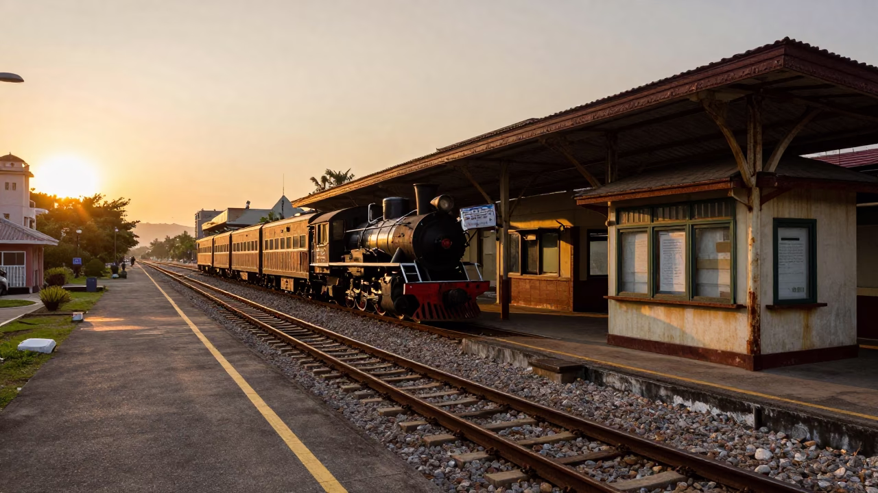Kaohsiung Taiwan Sunset Street Scene with Steam Train and Vintage Details in in Kaohsiung, Taiwan