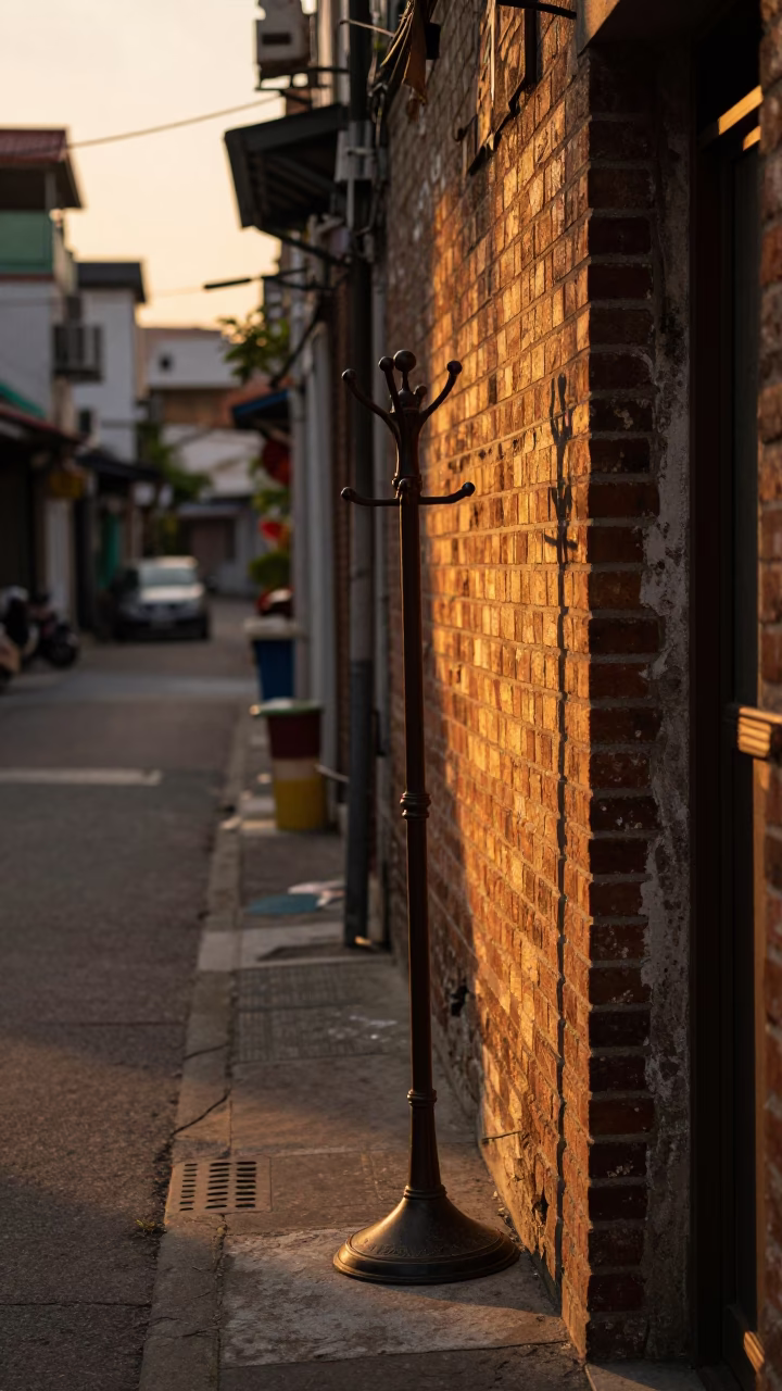 Kaohsiung Taiwan Sunset Street Scene with Vintage Coat Stand and Carafe Detail in in Kaohsiung, Taiwan