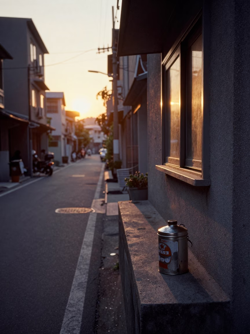 Kaohsiung Taiwan Sunset Street Scene with Window Box and Tiffin Tin in in Kaohsiung, Taiwan