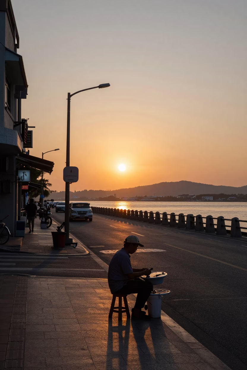 Kaohsiung Taiwan Sunset Street Scene with Work Stool and Local Life in in Kaohsiung, Taiwan