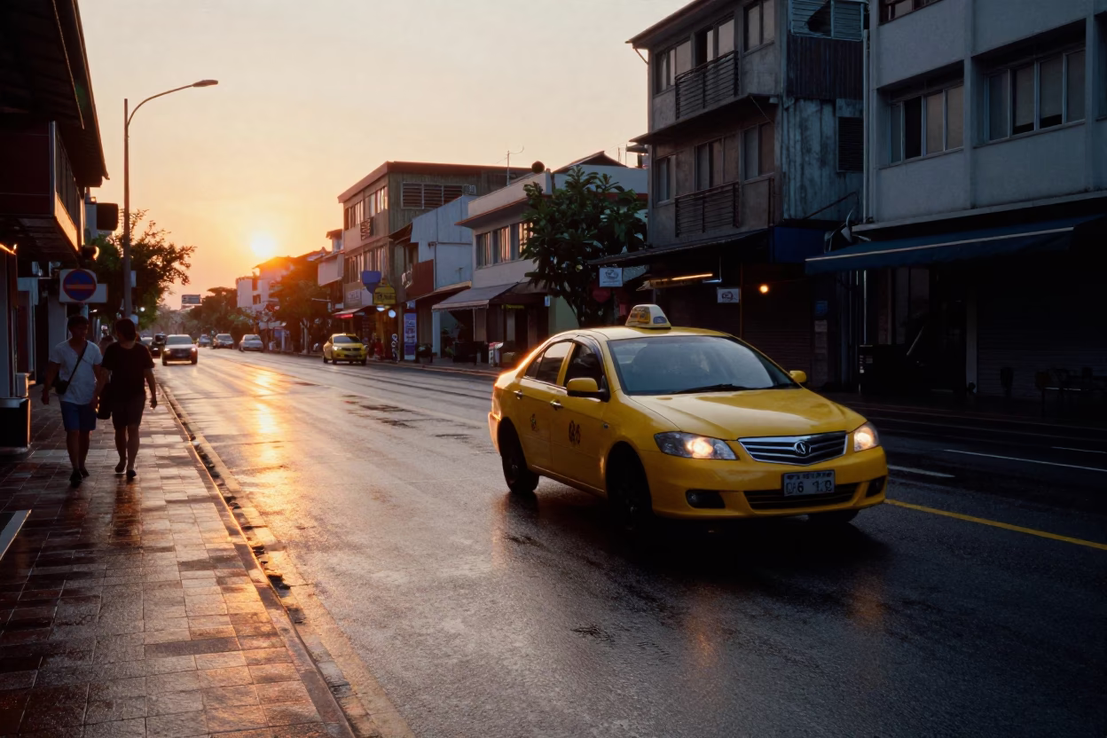 Kaohsiung Taiwan Sunset Street Scene with Yellow Taxi and Urban Construction in in Kaohsiung, Taiwan