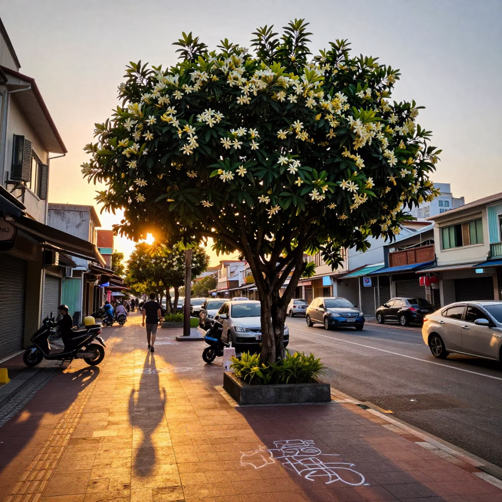 Kaohsiung Taiwan Sunset Street Scene with Ylang-Ylang Tree and Chalk Dust in in Kaohsiung, Taiwan