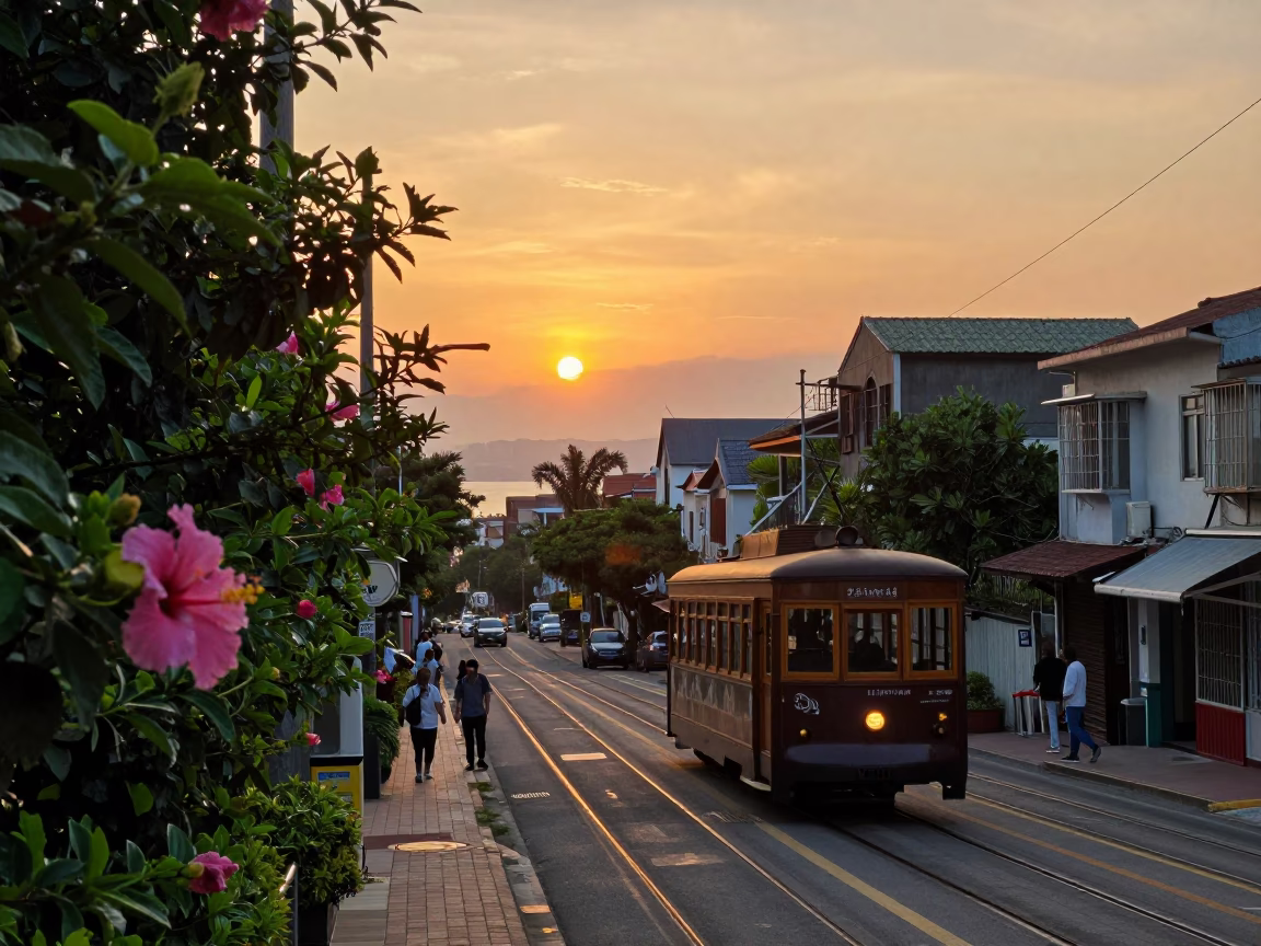 Kaohsiung Taiwan Sunset Tram Hill Scene with Hibiscus and Local Life in in Kaohsiung, Taiwan