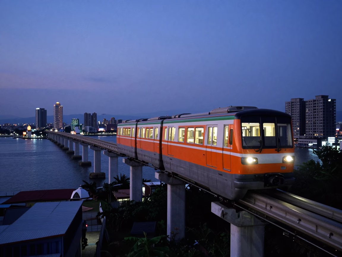 Kaohsiung Taiwan Twilight Monorail Sweeping Above River Blue Hour Cityscape in in Kaohsiung, Taiwan