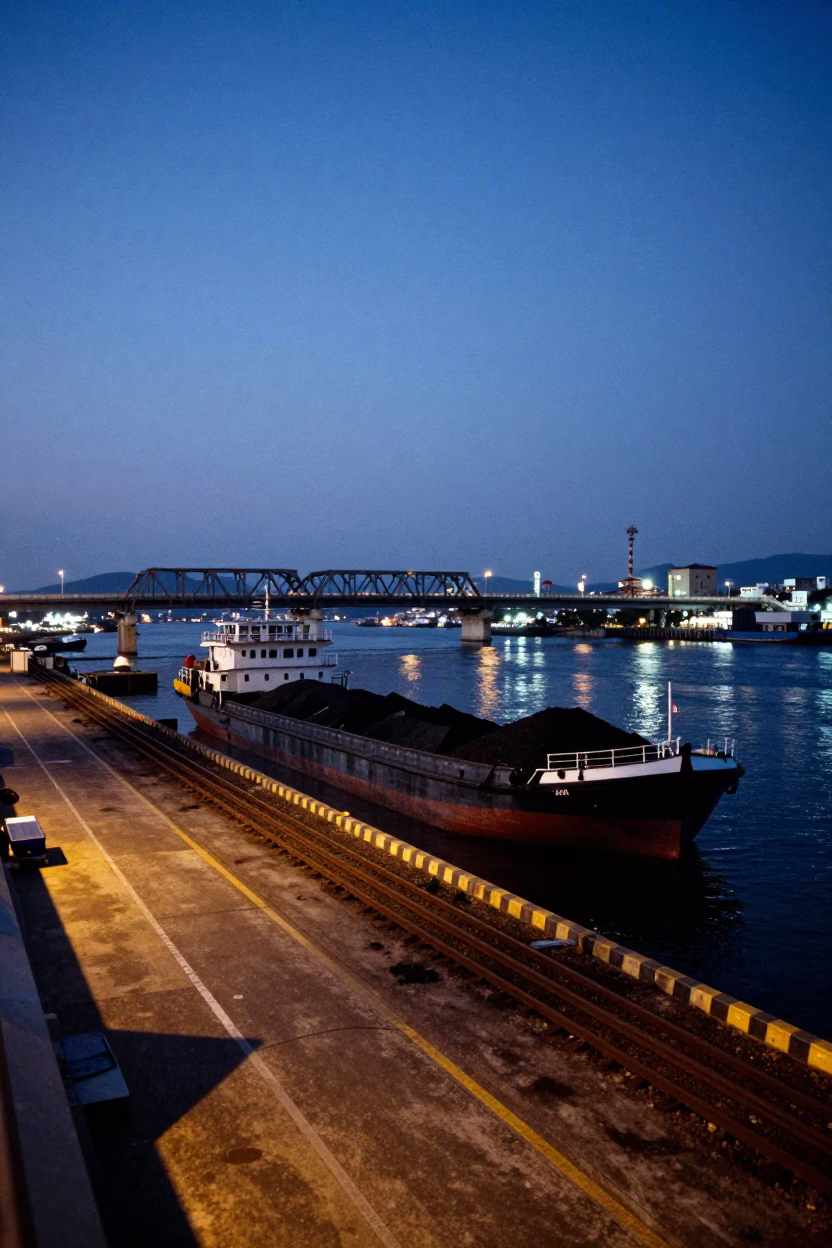 Kaohsiung Taiwan Twilight Street Scene Coal Barge and Railroad Bridge Atmosphere in in Kaohsiung, Taiwan
