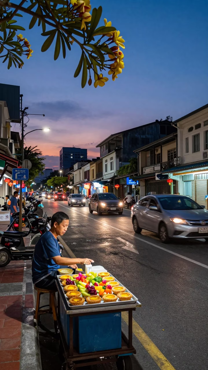 Kaohsiung Taiwan Twilight Street Scene with Frangipani Branch and Busy Urban Atmosphere in in Kaohsiung, Taiwan