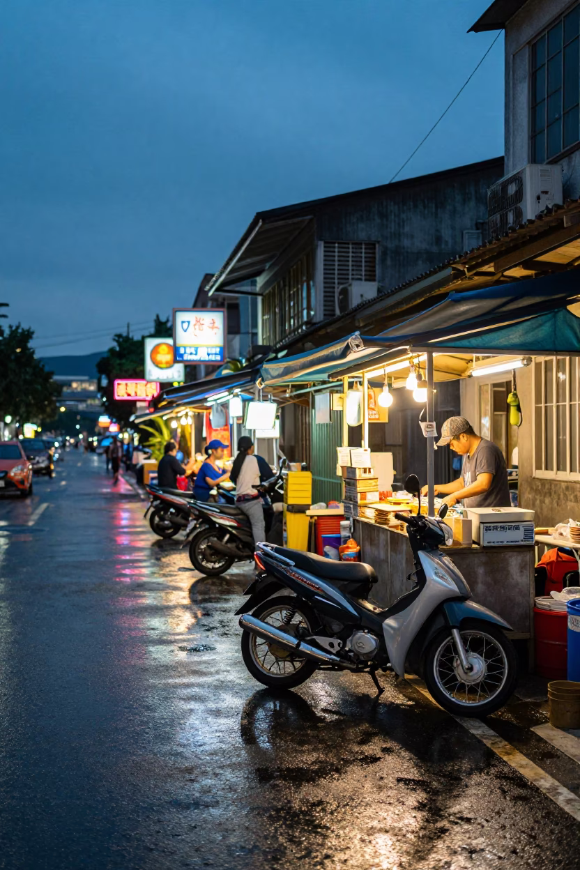 Kaohsiung Taiwan Twilight Street Scene with Motorcycle and Local Vendor in in Kaohsiung, Taiwan