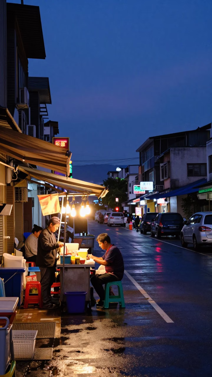 Kaohsiung Taiwan Twilight Street Scene with Neon Lights and Local Life in in Kaohsiung, Taiwan