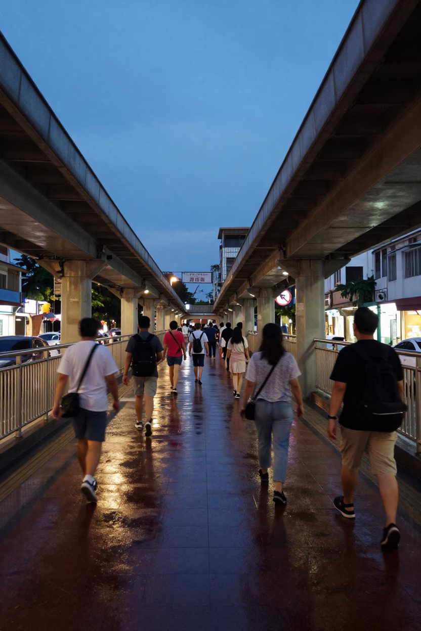 Kaohsiung Taiwan Twilight Street Scene with Pedestrian Overpass and Wet Footsteps in in Kaohsiung, Taiwan