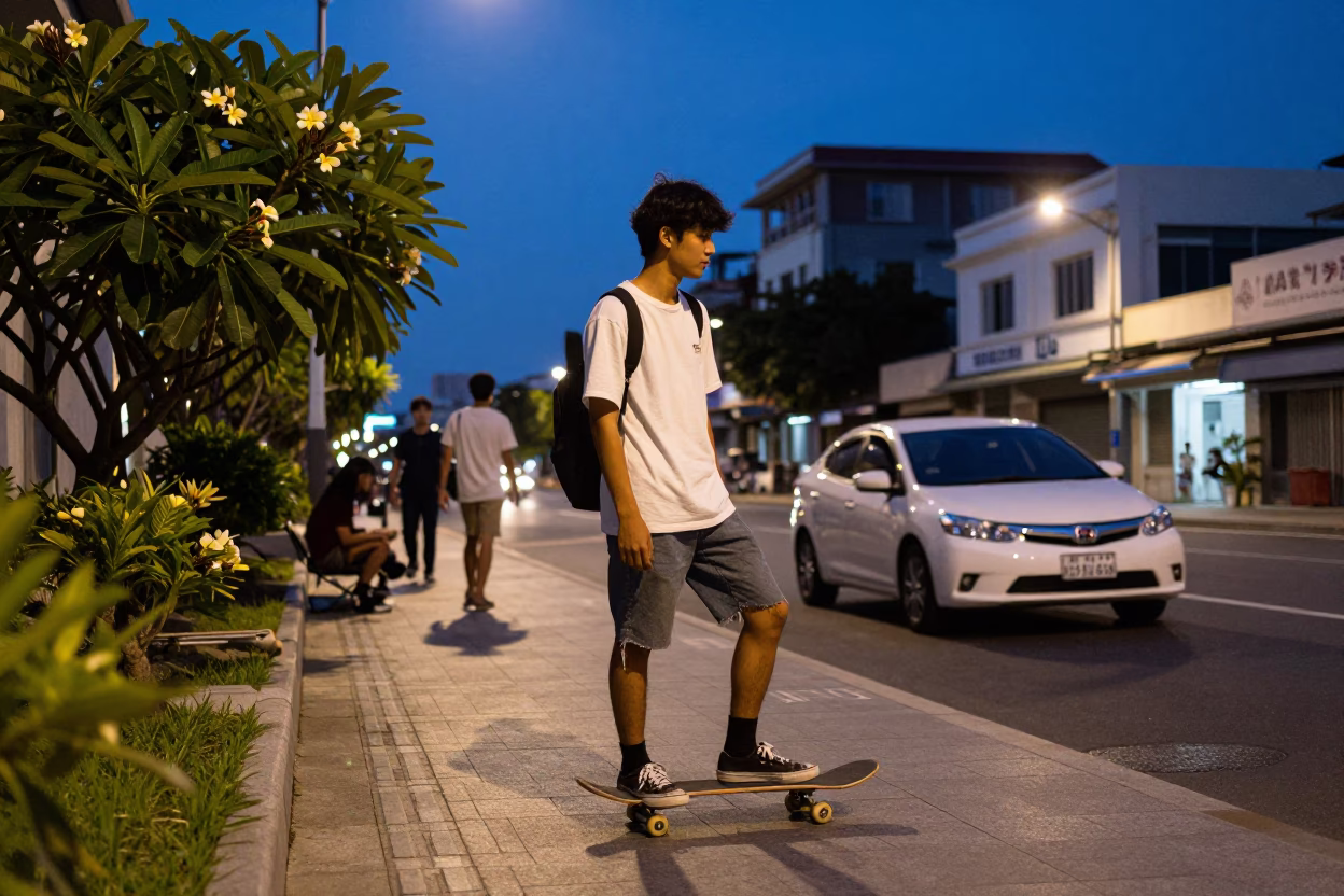 Kaohsiung Taiwan Twilight Street Scene with Skateboarder and Tropical Frangipani Bloom in in Kaohsiung, Taiwan
