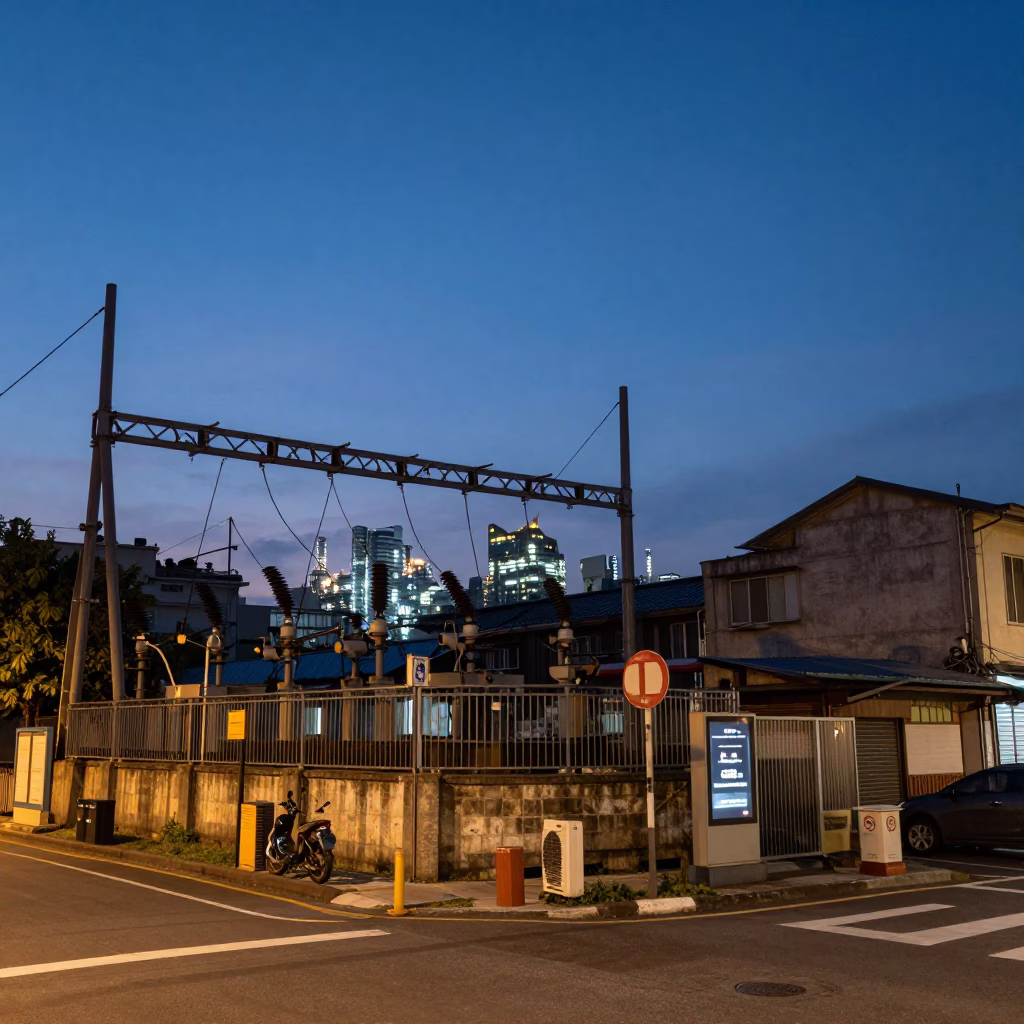 Kaohsiung Taiwan Twilight Street Scene with Substation Busbars and Local Diners at Night in in Kaohsiung, Taiwan