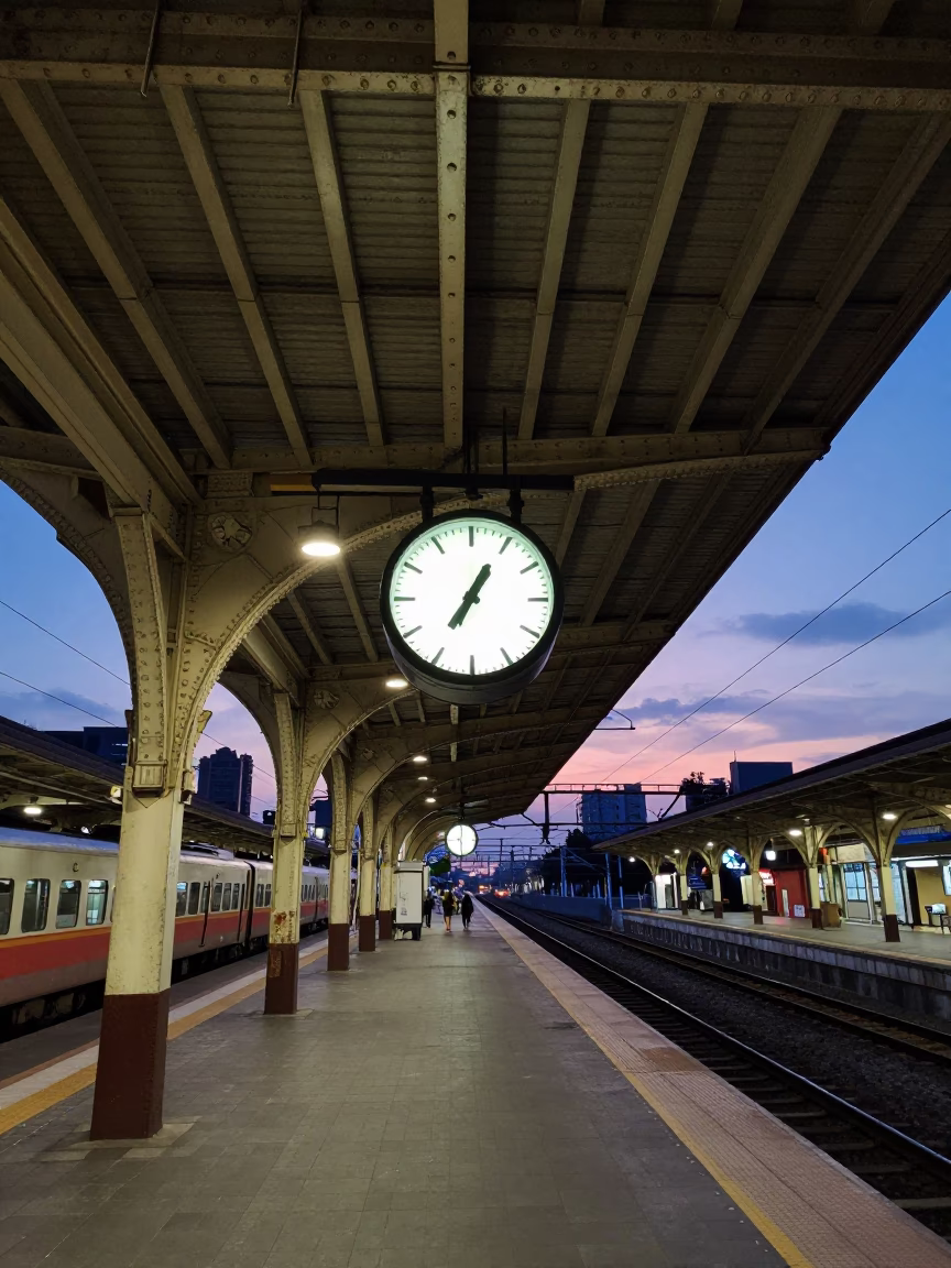 Kaohsiung Taiwan twilight street scene with train station clock and aprons in in Kaohsiung, Taiwan