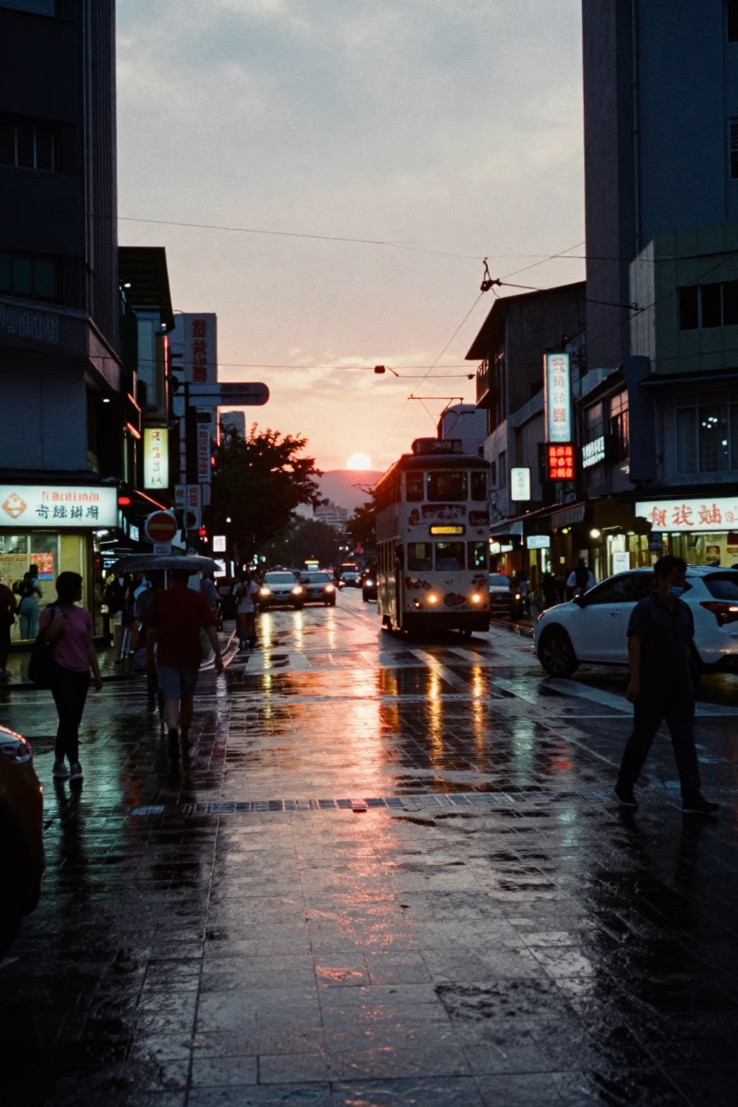Kaohsiung Taiwan Twilight Street Scene with Tram Reflection and Busy Urban Life in in Kaohsiung, Taiwan