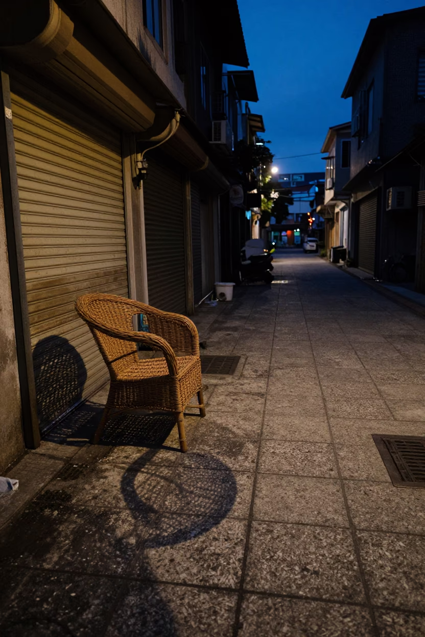 Kaohsiung Taiwan Twilight Street Scene with Wicker Chair Shadow on Tile in in Kaohsiung, Taiwan