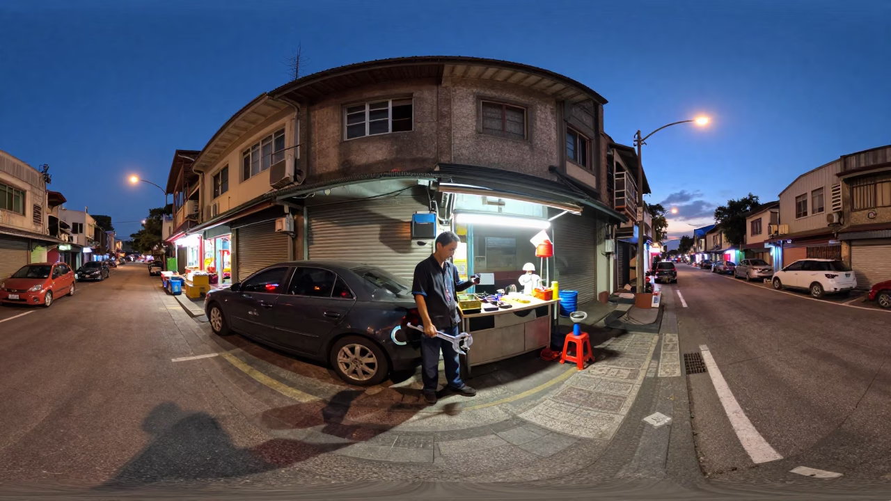 Kaohsiung Taiwan Twilight Street Scene with Wrench and Neon Reflections in in Kaohsiung, Taiwan