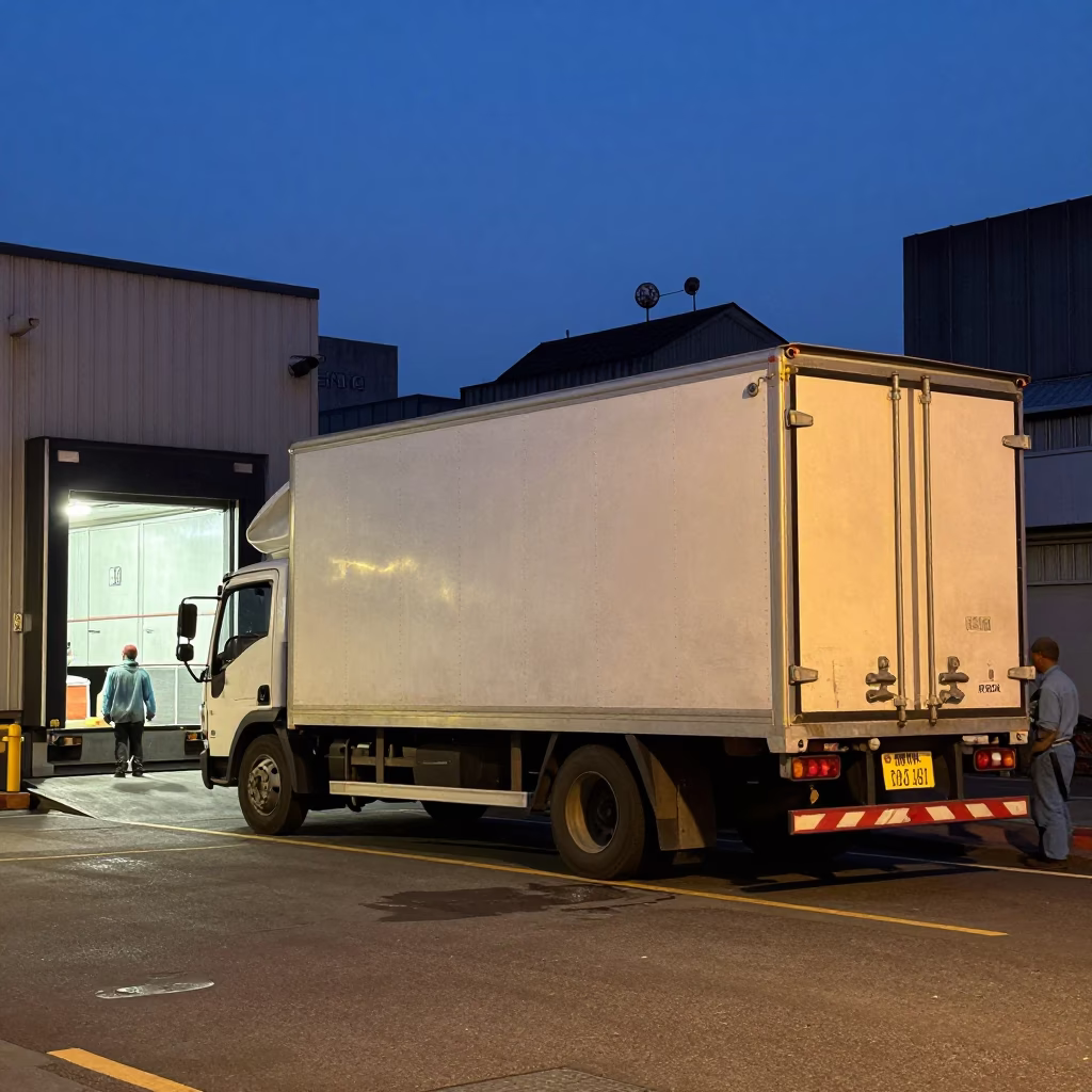 Kaohsiung Twilight Street Scene with Loading Dock and Semi-Trailer Activity in in Kaohsiung, Taiwan