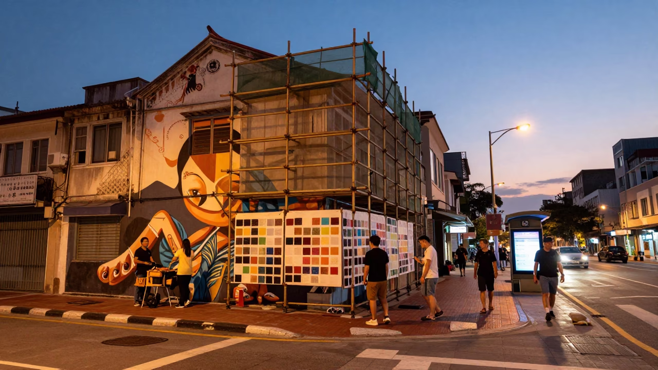 Kaohsiung Twilight Street Scene with Muralist Swatches and Urban Dusk Light in in Kaohsiung, Taiwan
