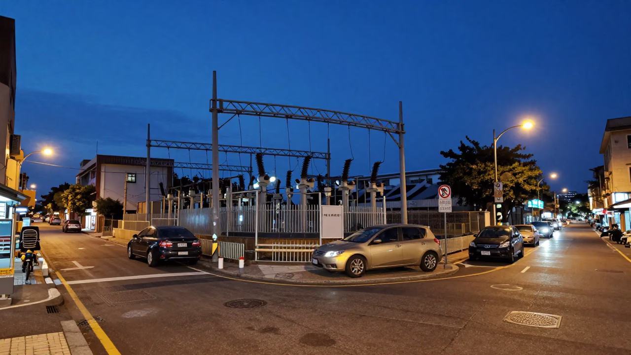 Kaohsiung Twilight Street Scene with Substation Busbars and Local Life in in Kaohsiung, Taiwan