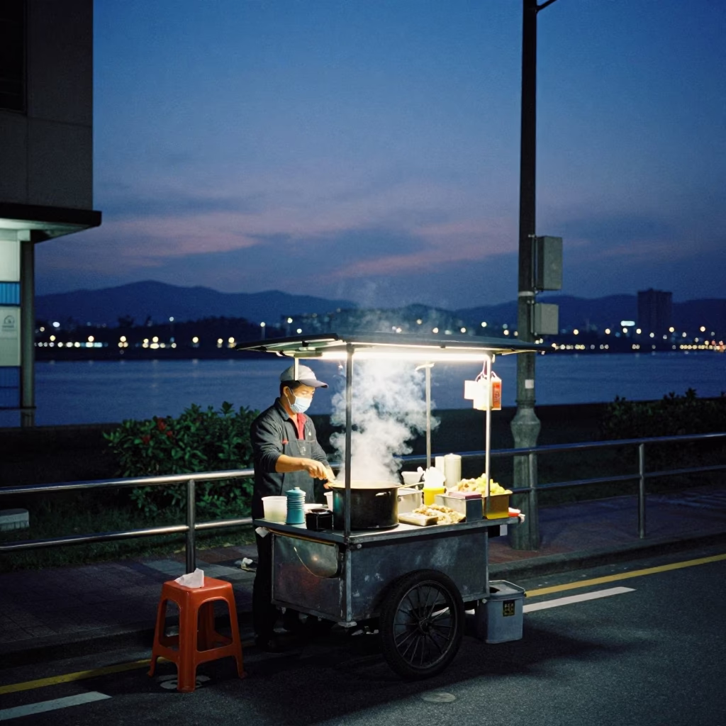 Kaohsiung twilight street scene with vendor and urban details in in Kaohsiung, Taiwan