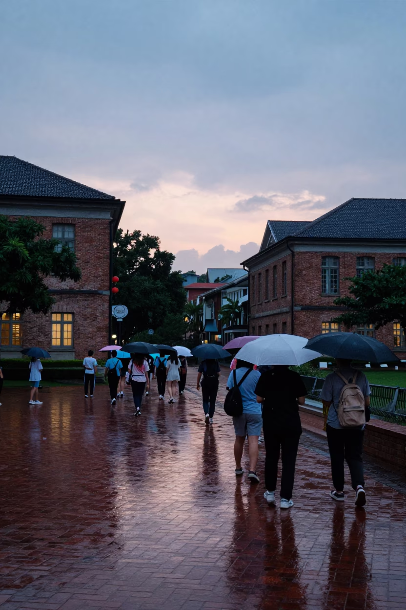 Kaohsiung Twilight Street Scene with Wet Brick Campus Quad and Paint Flecks in in Kaohsiung, Taiwan