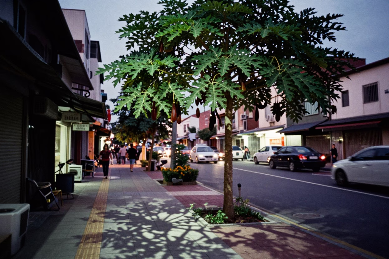 Kaohsiung Twilight Street Scene with Wicker Shadow and Tamarind Tree in in Kaohsiung, Taiwan