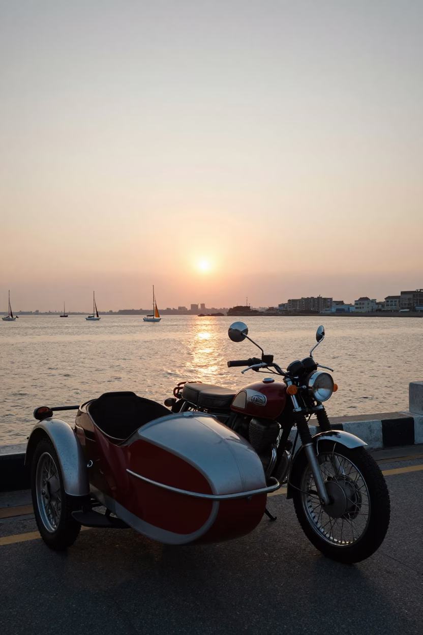 Kaohsiung Vintage Motorcycle at As The Sun Drops Toward The Horizon in in Kaohsiung, Taiwan