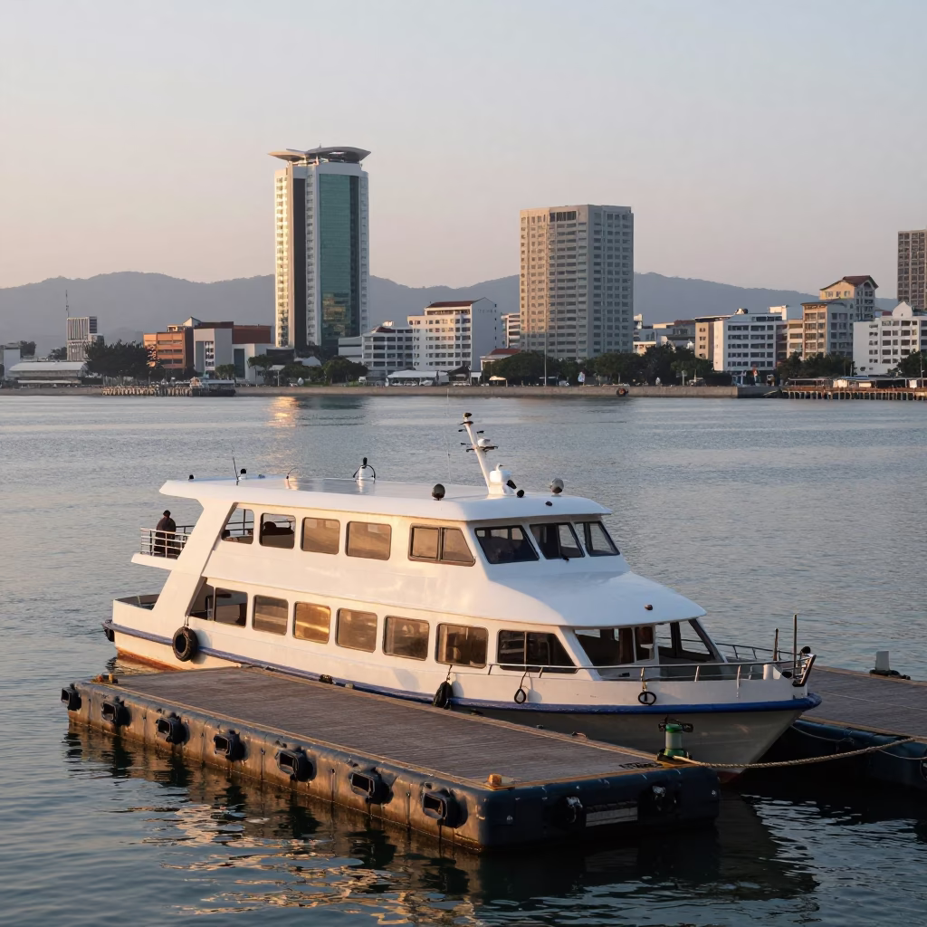 Kaohsiung Water Taxi at Floating Dock in Early Morning Light with Local Harbor Activity in in Kaohsiung, Taiwan