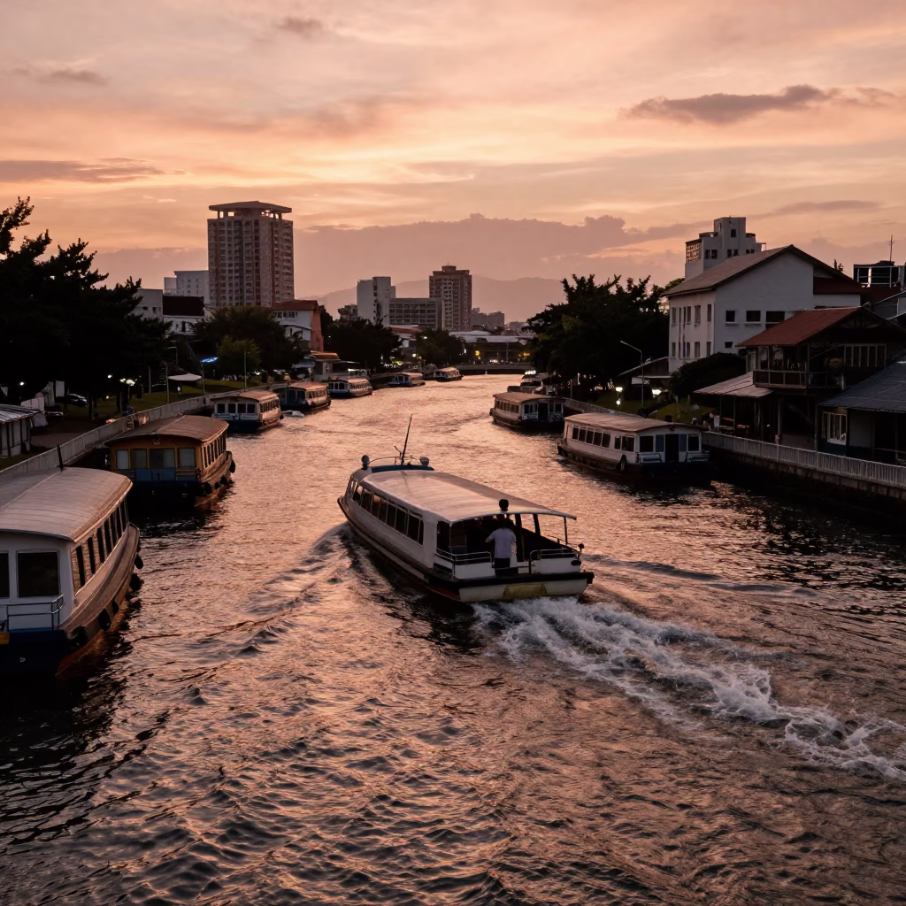 Kaohsiung Water Taxi Zigzagging Between Canal Houseboats in Copper Toned Light Before Dusk in in Kaohsiung, Taiwan