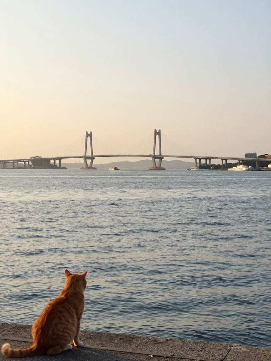 Kaohsiung waterfront late afternoon ripples orange cat watch in in Kaohsiung, Taiwan