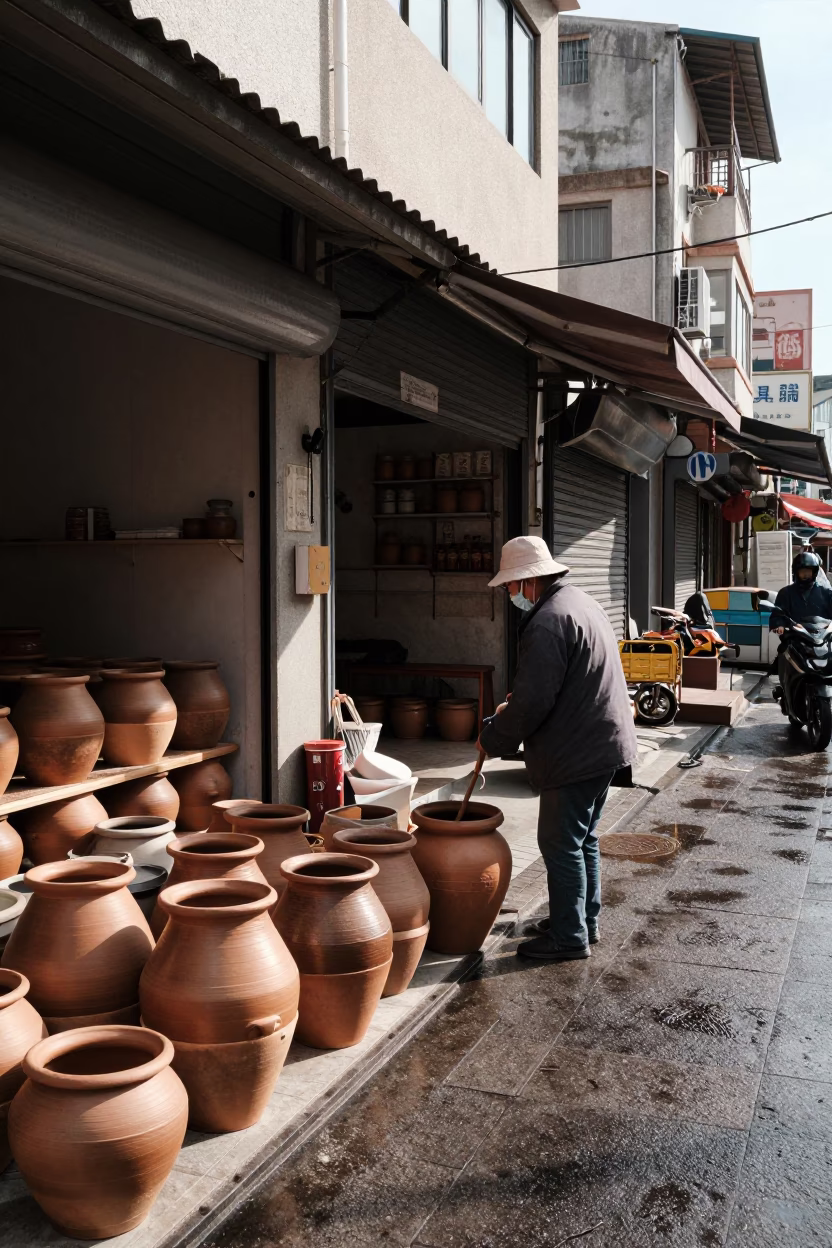 Kaohsiung Winter Noon Street Scene with Clay Pots and Brooms in in Kaohsiung, Taiwan