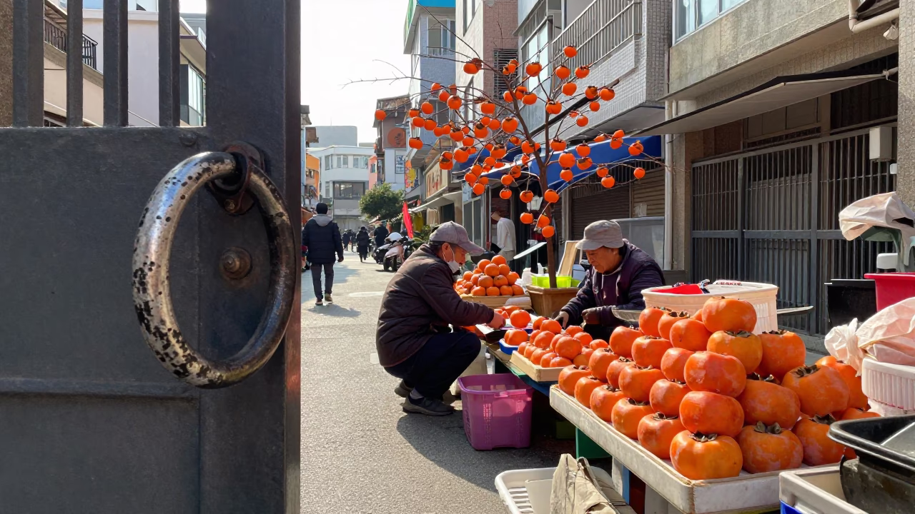 Kaohsiung Winter Noon Street Scene with Persimmons and Gate Handle in in Kaohsiung, Taiwan