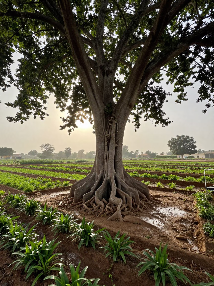 Kapok Tree Buttress Roots Morning Light Ramadi in among terraced garden plots near Ramadi